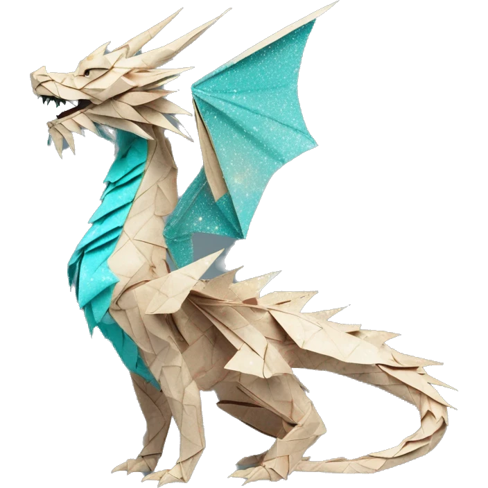 Sparkling patterned Beige Origami dragon with a dried flower crown made of newspapers intricate patterns surrounded by fairy lights nebula galaxy stars swirls iridescent cyan emoji