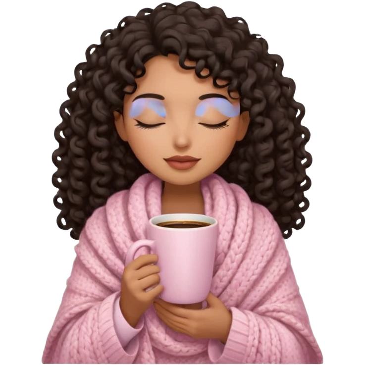 hispanic woman, brown skin, black long 3b curls, closed eyes, feminine face, holding soft pink coffee cup with beige blanket over shoulders emoji