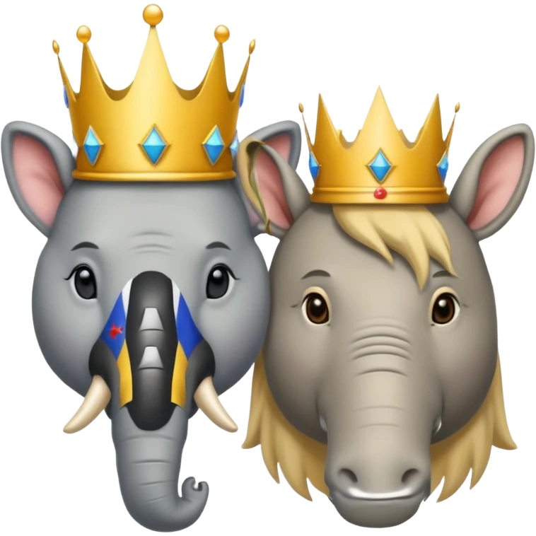 Democratic Party elephant facing Republican Party donkey with face of Donald Trump wearing a crown in between them emoji