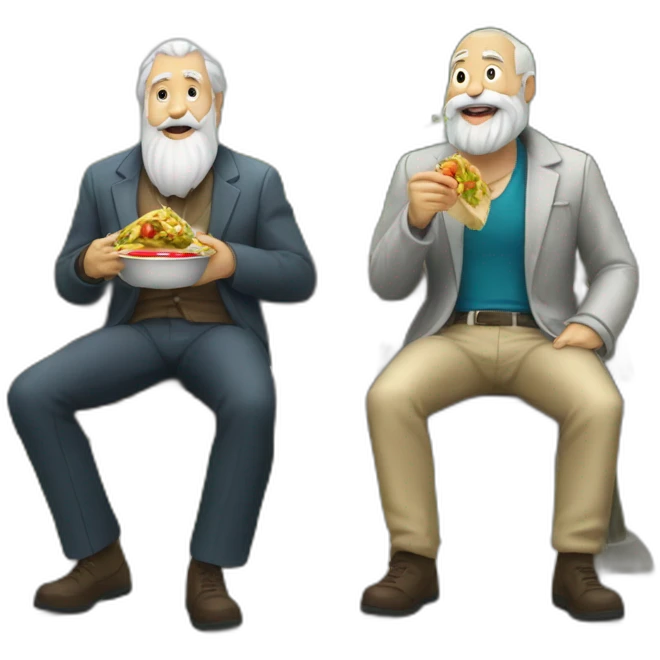 two old beard men eating shawarma on a bench on a park emoji