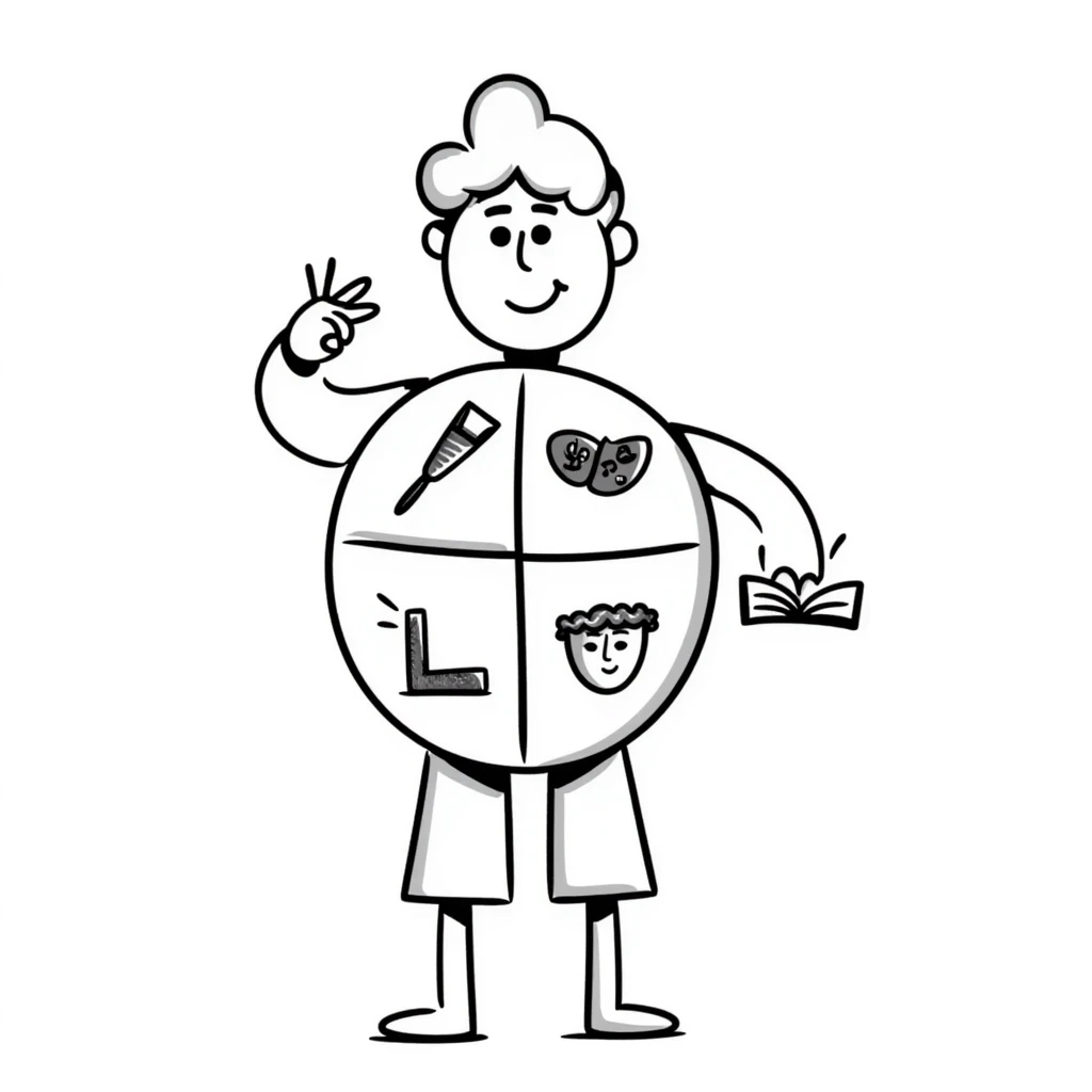 Hand-drawn metal man figure with a circular body divided into four segments, each containing symbols for different art forms: visual, musical, theatrical, and literary arts emoji
