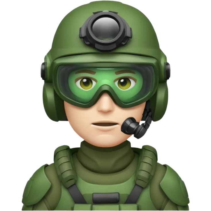 white-skinned male modern soldier with green advanced armor, ultra-modern tactical helmet with night vision goggles, face mask, cool and brutal, emoji style emoji