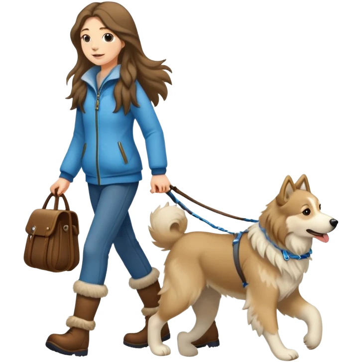 A long-haired girl walking an Alaskan dog emoji