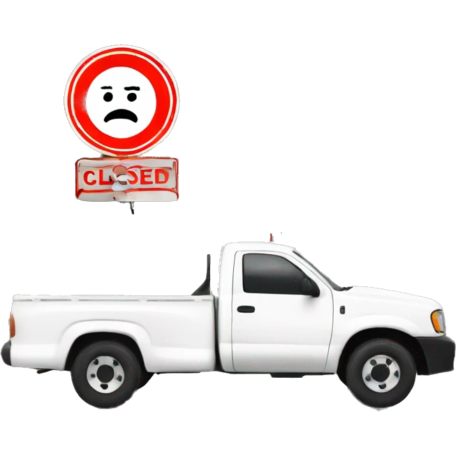 "road closed" sign tied to a white truck emoji