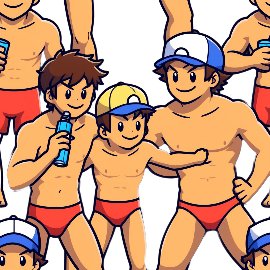 Hot handsome muscular 6ft 5inch tall smiling happy fun shirtless Ash Ketchum hugging two best friends in swimwear while using a vape emoji