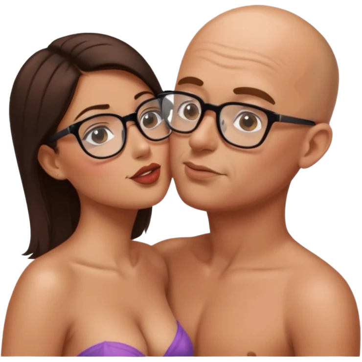 A sexy shirtless brunette kissing a bald man wearing glasses emoji