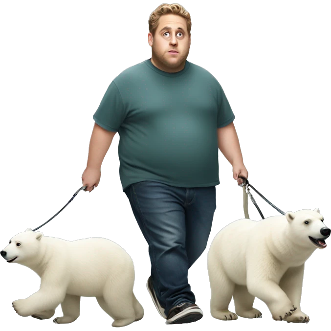 Fat jonah hill walking a polar bear on a leash  emoji