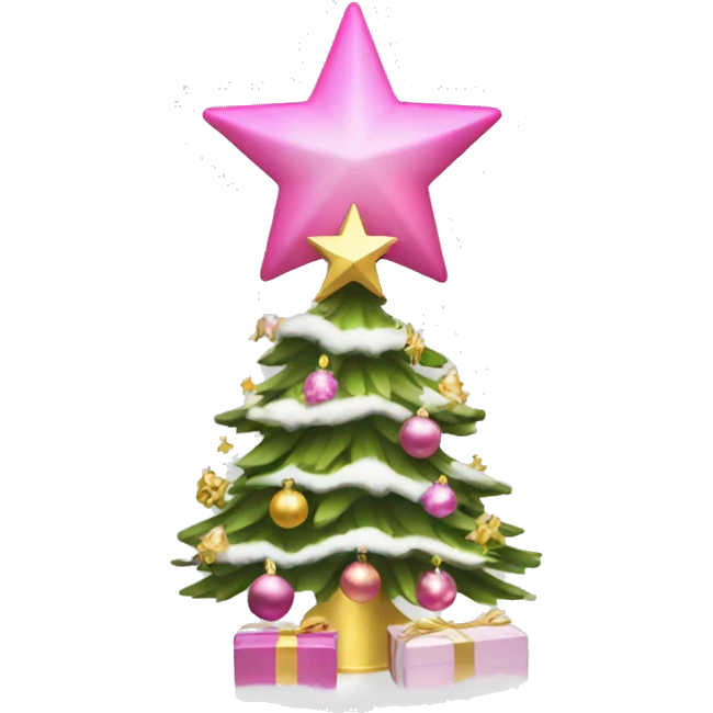 Christmas tree with pink ornaments snow and an angel tree topper in gold emoji