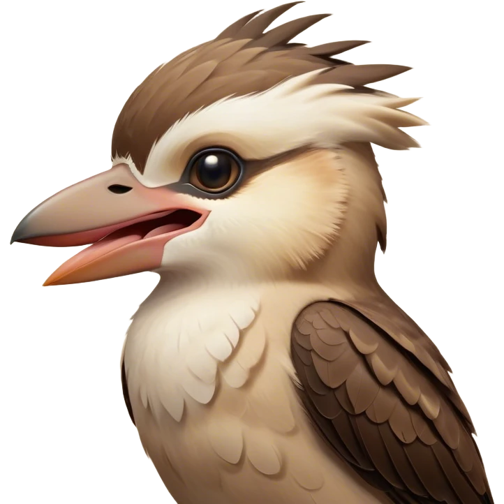 Cinematic Cute Yawning Kookaburra Portrait Emoji, Head tilted slightly with a dramatic, wide-open yawn, showcasing a soft, downy brown plumage with gently drooping wings and a relaxed beak, round eyes barely open in drowsy contentment, Simplified yet irresistibly adorable features, highly detailed, glowing with a soft, cozy glow, high shine, relaxed yet expressive, stylized with a touch of bushland charm, bright and endearing, soft glowing outline, capturing the essence of a sleepy yet affectionate kookaburra, so drowsy it feels like it could flutter out of the screen and curl up for a nap! emoji