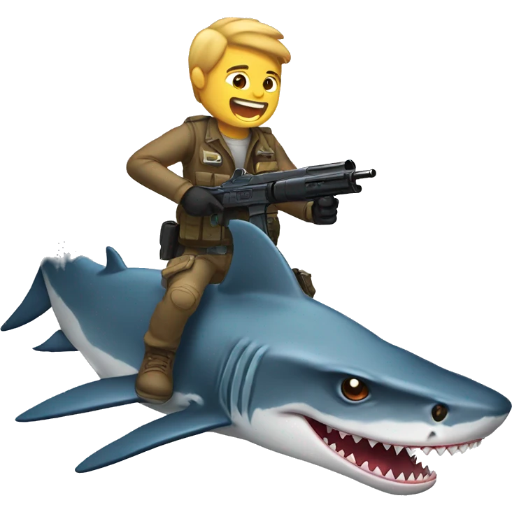 Raptor shooting laser guns while riding a shark emoji