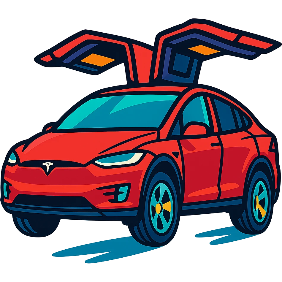 red Tesla Model X, falcon doors raised, driving left to right, slightly upward angle, vibrant cartoon style emoji