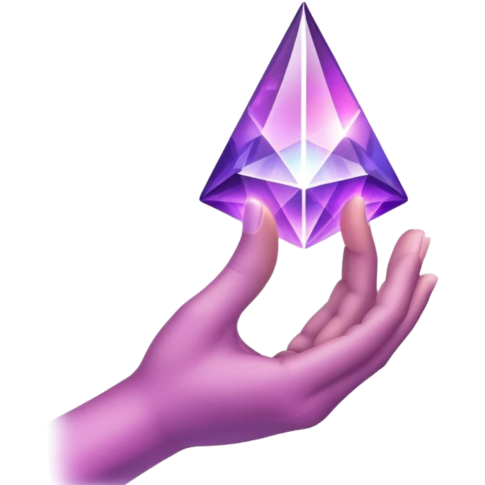 Pov white tone skin hand holding a purple glowing prism refracting light.  Only the hand should be displayed, nothing else.  emoji