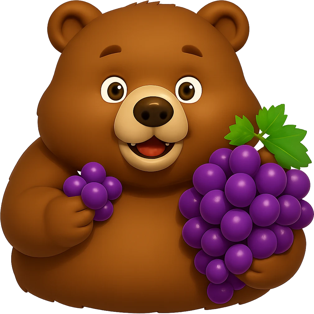 Make the grapes purple and the bear more chunky, keep no background. The style should be consistent with the original image's look. emoji