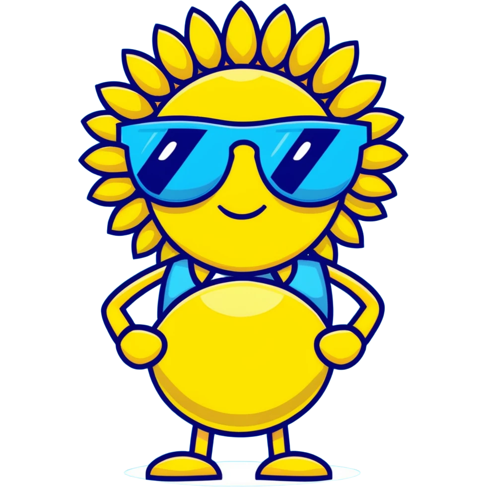bright pastel yellow sunflower with large sunglasses, grinning proudly while strutting, round body, exaggerated confident face emoji