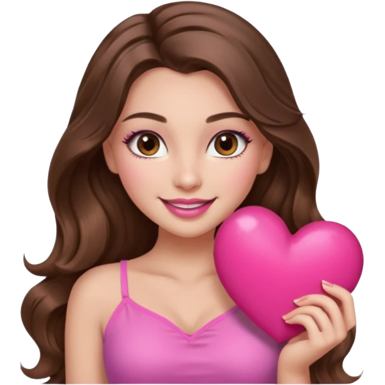 girl with long wavy brown hair, brown eyes, long lashes makeup, sexy pink lips, light to medium complexion, wearing a pink sexy top, smiling, holding a big heart emoji
