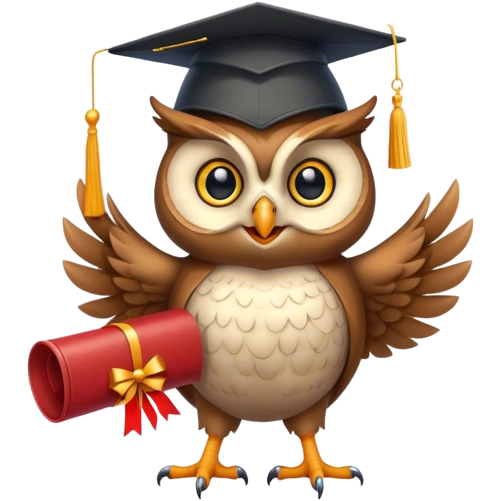 Owl smiling with graduation hat and diploma in claws emoji