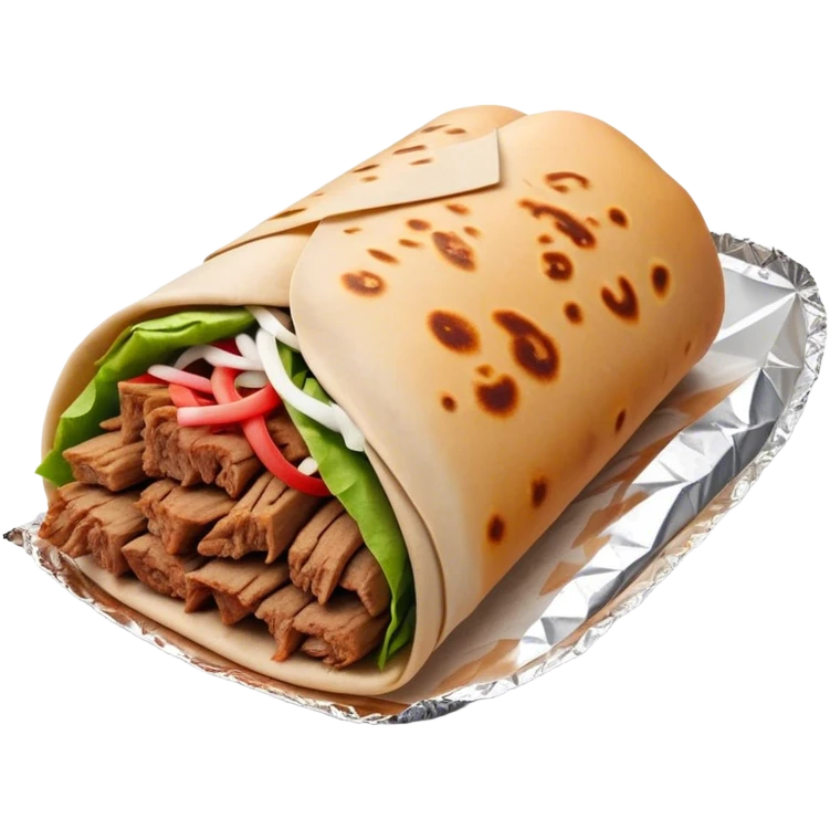 Doner Kebab Cinematic Realistic Doner Kebab Dish Emoji, depicted as iconic, spiced meat wrapped in foil and paper, rendered with lifelike textures and dynamic, appetizing lighting. emoji
