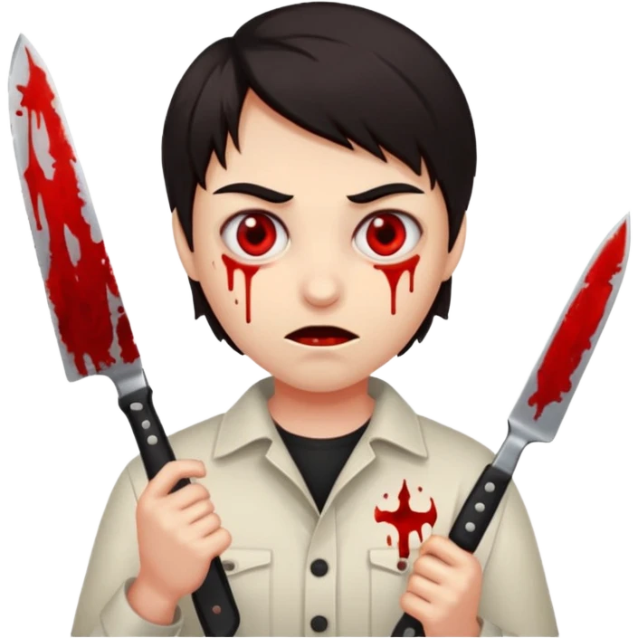 RED EYES, EVIL EMOJI, KILLER EYES, DARK HAIR, BLOODY EYES, 1 KNIFE IS IN THE HAND emoji