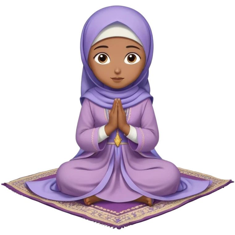 Turkish beautiful finish Konya muslim girl blue eyes with light purple color flower hijab long tail dress and sits on the pray mat namaz on the ground with dua  emoji