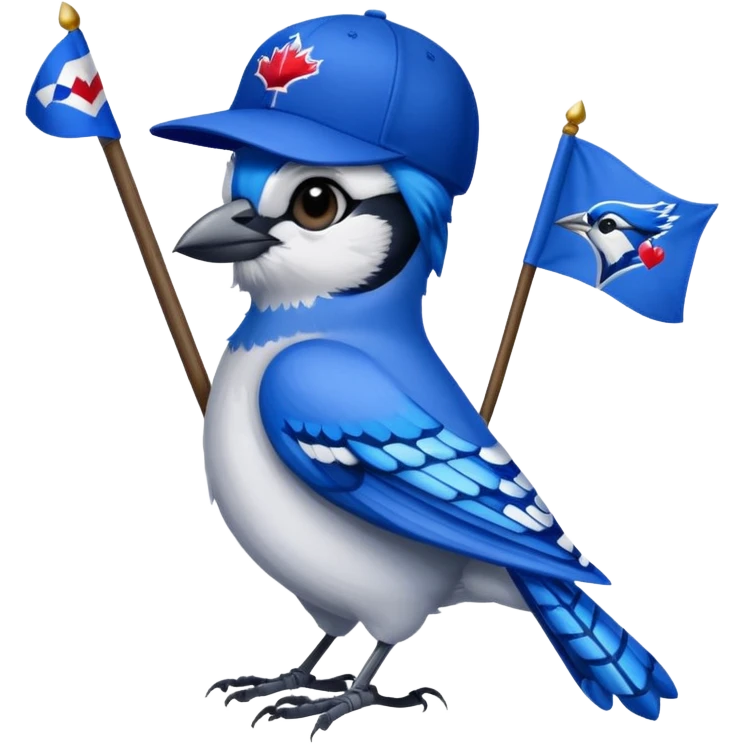 blue jay with MLB blue jay baseball hat, holding flag with name Carolyn on flag emoji