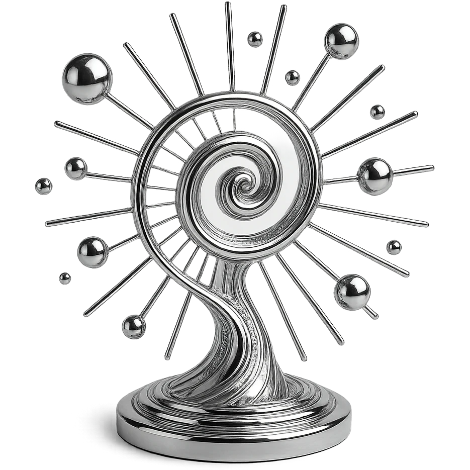 abstract chrome spiral with radiating lines and floating spheres, symbolizing the process of thought emoji