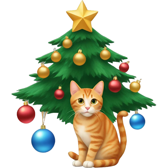 a Christmas tree with baubles and a ginger cat underneath emoji
