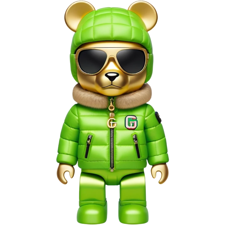 blocky bearbrick figure with cube-shaped head, lime green balaclava with integrated mirrored visor lens, Gucci logo patterned puffer jacket with lavish fur collar and cuffs, luxury statement piece, gold chains emoji