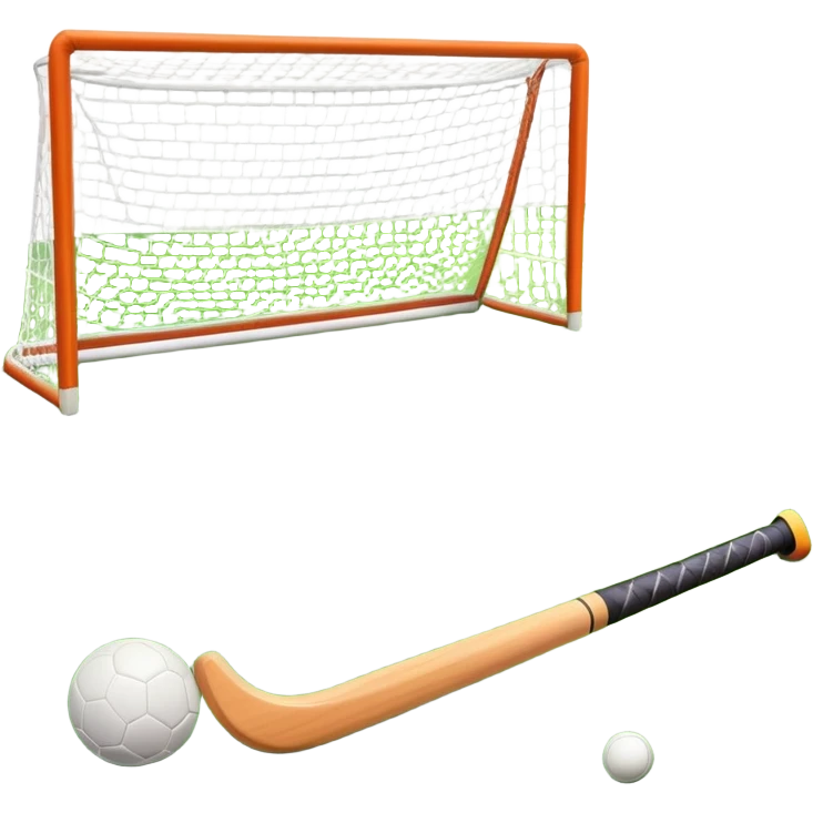 A field hockey stick and ball on a vibrant green grass field, with goalposts and clear field markings in the background. The scene emphasizes the bright, lush grass, highlighting the fast-paced and strategic nature of hockey on a well-maintained pitch. emoji