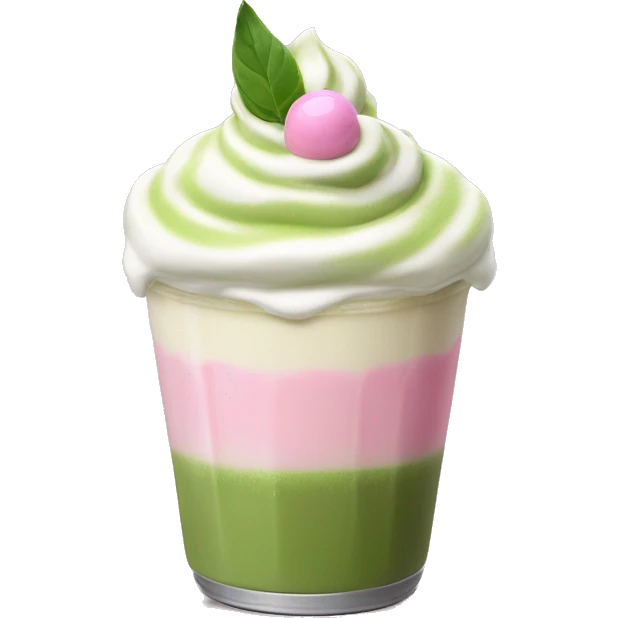 matcha latte with small dollop of pink whipped cream on top. no straw or handle  emoji