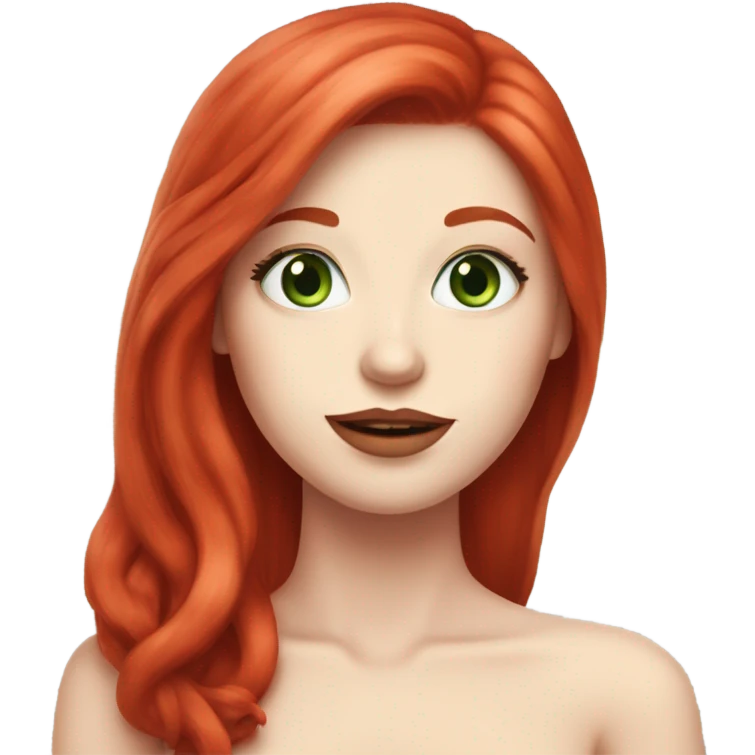 straight long Tomato red hair,red lipstick red,very blue-green eyes, white skin and a small nose emoji