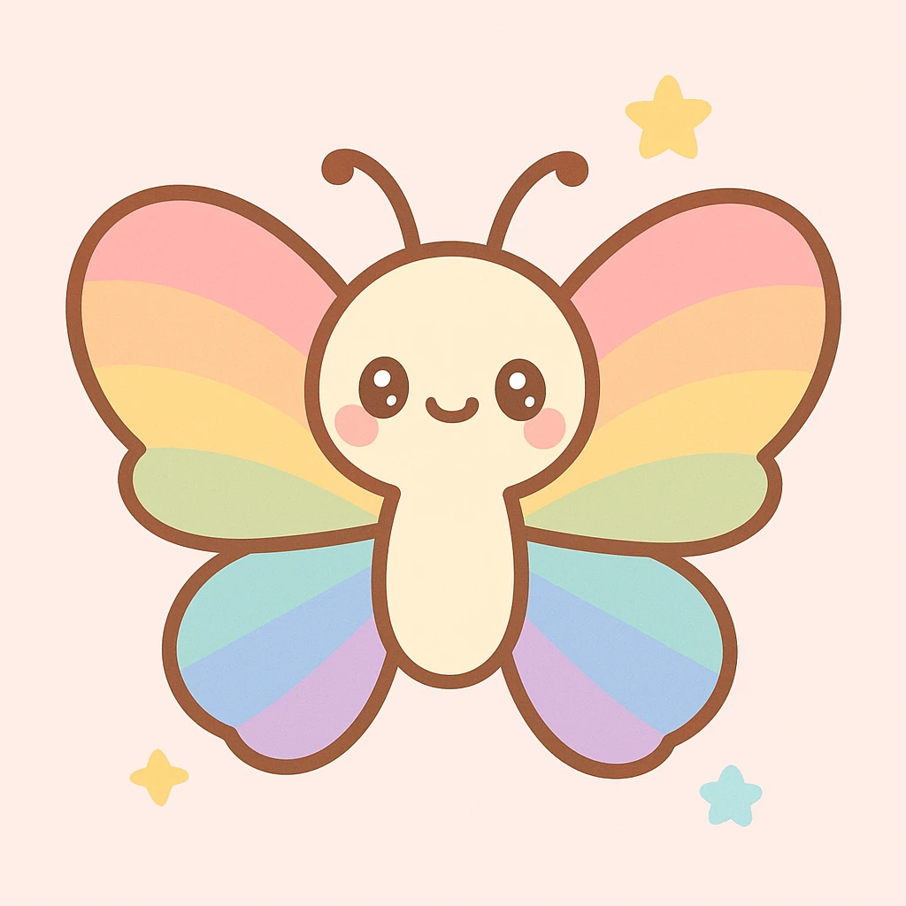 a butterfly in kawaii style, cute face, pastel colors, simple and adorable, rainbow pride theme emoji