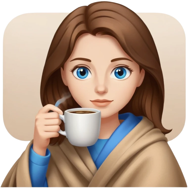 Brown hair with blue eyes lady wearing light brown blanket drinking coffee  emoji