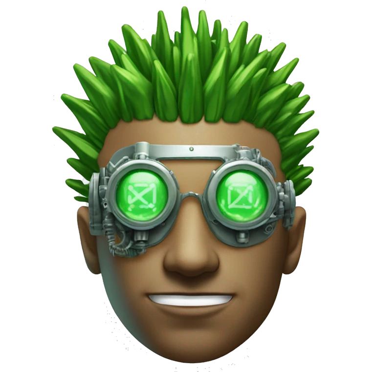 Green Mohawk hair male cyborg head with white steampunk goggles and circuits emoji