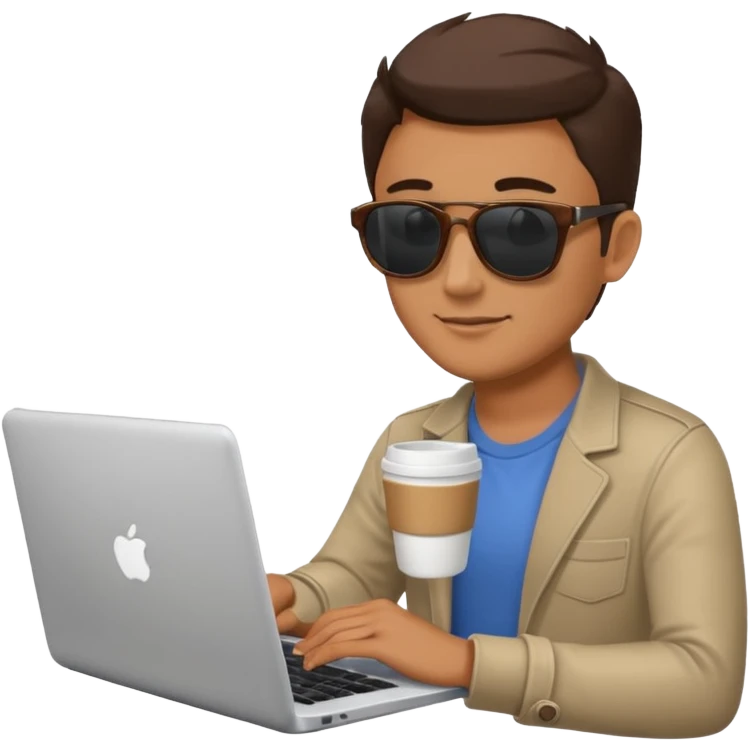 man wearing sunglasses holding a coffee cup and working on a laptop emoji