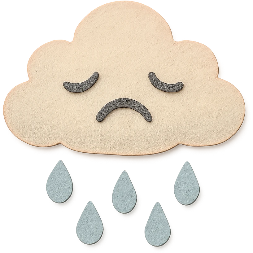 cute rain cloud, sad face, soft blue raindrops, soft pastel palette, no arms or legs, full body, paper craft style emoji