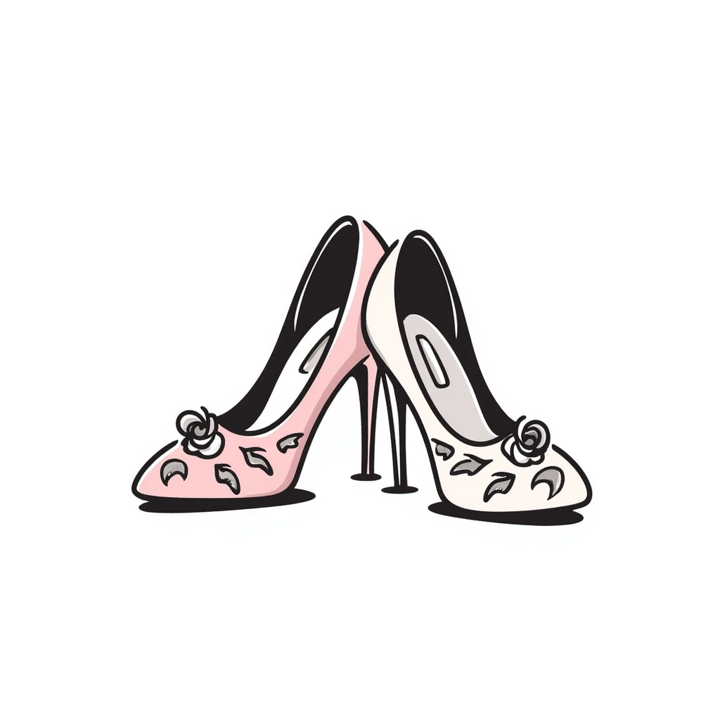 a pair of women's high heel shoes with elegant details, pastel colors dd9fb0, ffc6d3, a3bfc9, c4bee2, f1b091, detailed hand-drawn doodle style emoji