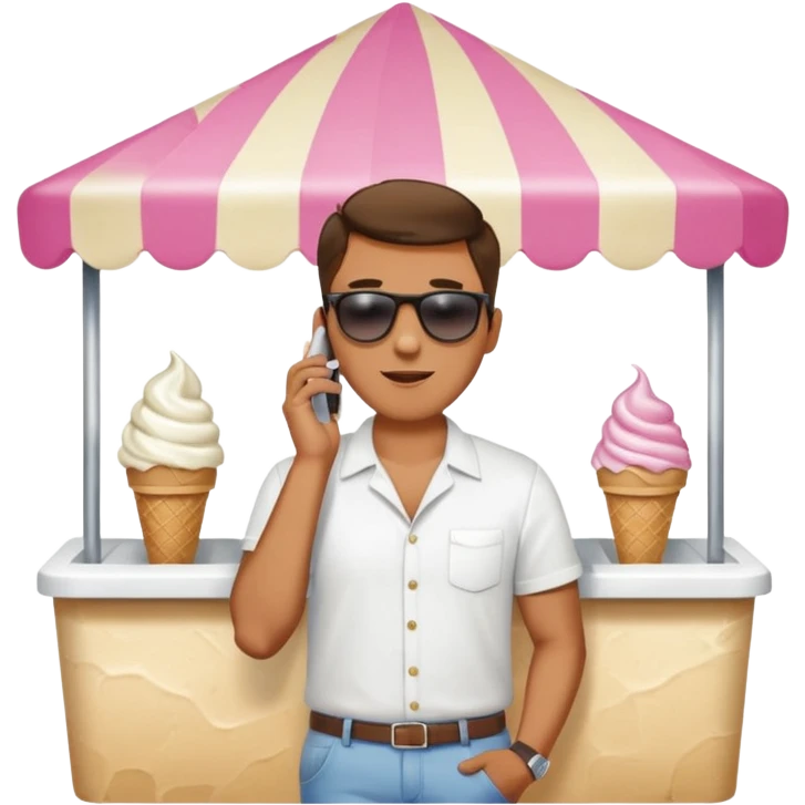 a man standing behind an ice cream stand. he is talking on his phone emoji