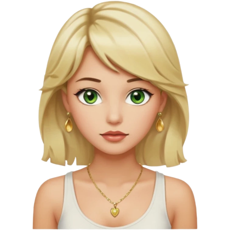 Girl with green eyes, blonde slightly wavy hair, sideswept bangs, darker roots, white but a bit tan, wearing white tank top, golden necklace and gold earrings, rosy cheeks and blushed lips emoji