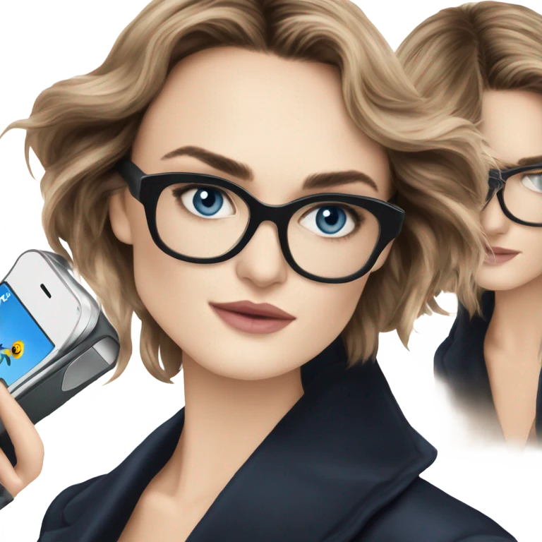 Photo of elegant Keira Knightly wearing black glasses and blue eyes holding on phone  emoji