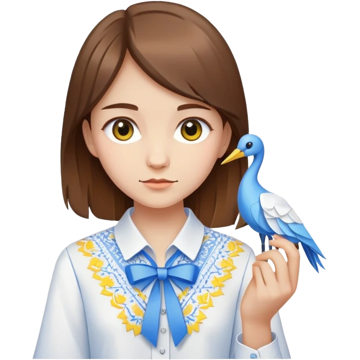 Ukrainian young girl with brown hair wearing a white embroidered shirt holds an origami yellow-blue crane emoji
