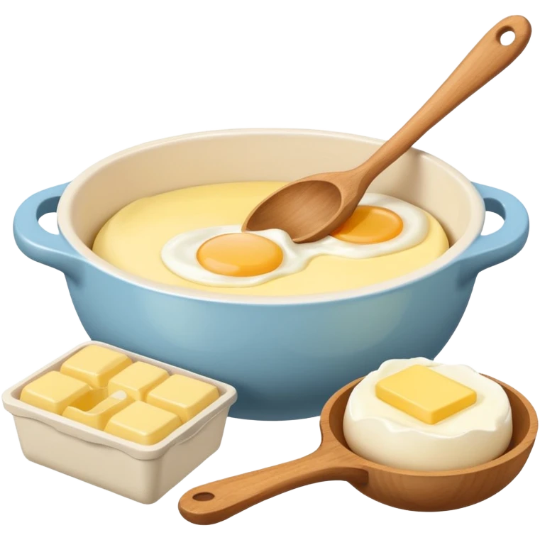 A cream ceramic baking bowl with a wooden spoon in it, next to it is a carton of eggs and butter emoji