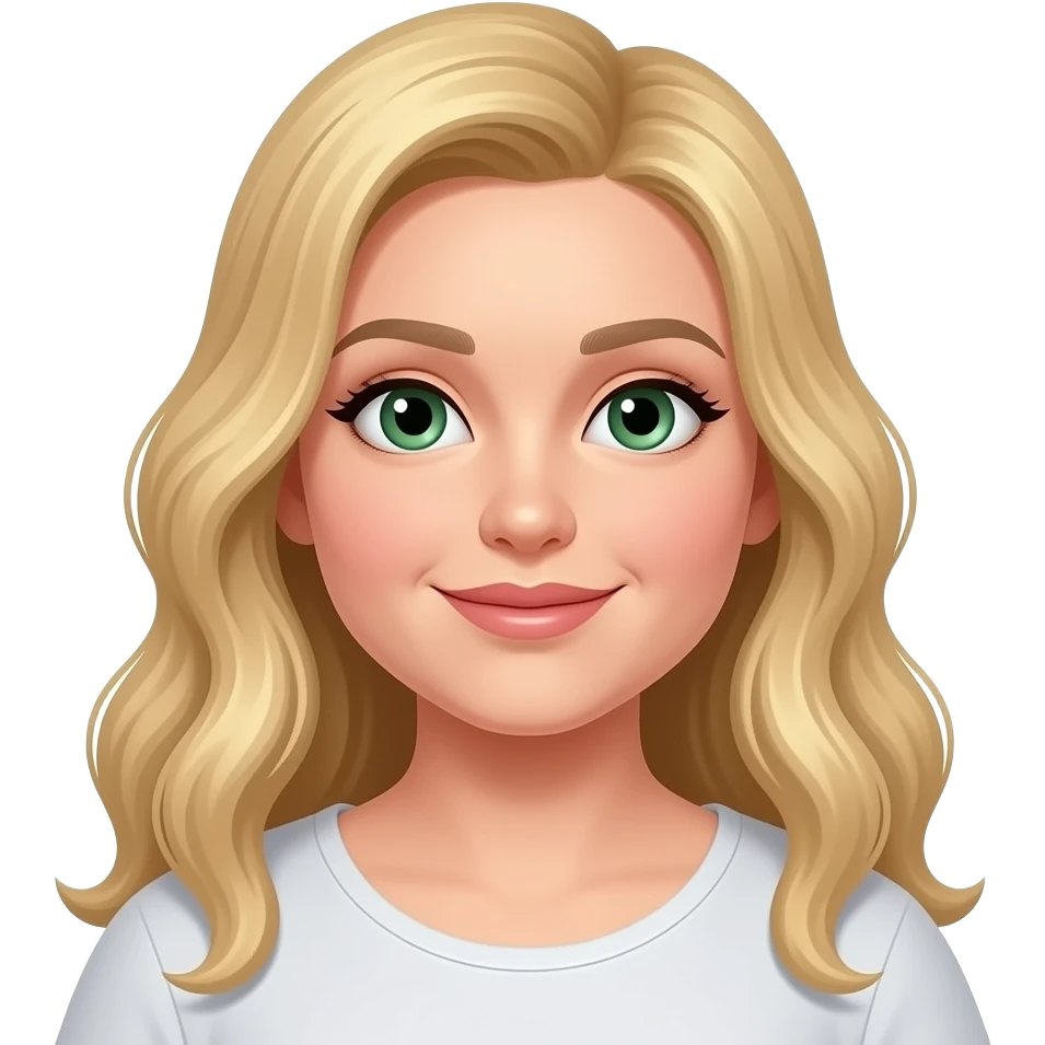A white woman with long wavy blonde hair. She has green eyes. She is chubby. emoji