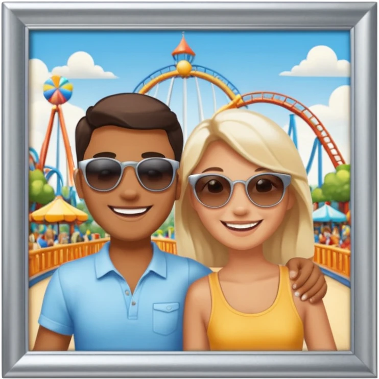 a photo in a silver frame, of 2 friends in a theme park emoji