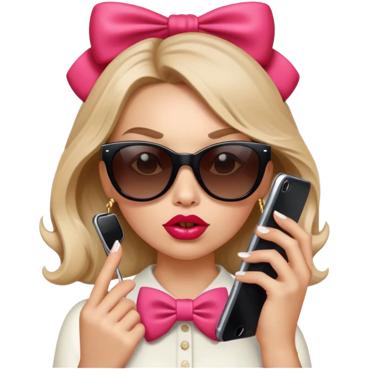 Girl with huge lips, sunglasses, bow on her hair, holding a phone with attitude emoji