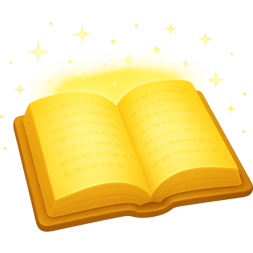 Create a mystic yellow book that looks magical, glowing, and enchanted with subtle sparkles and no flames. Render it in the style of apple emojis with no background. emoji