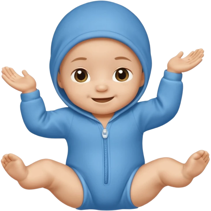 A smiling newborn baby wearing a blue onesie, moving its arms and hands. emoji