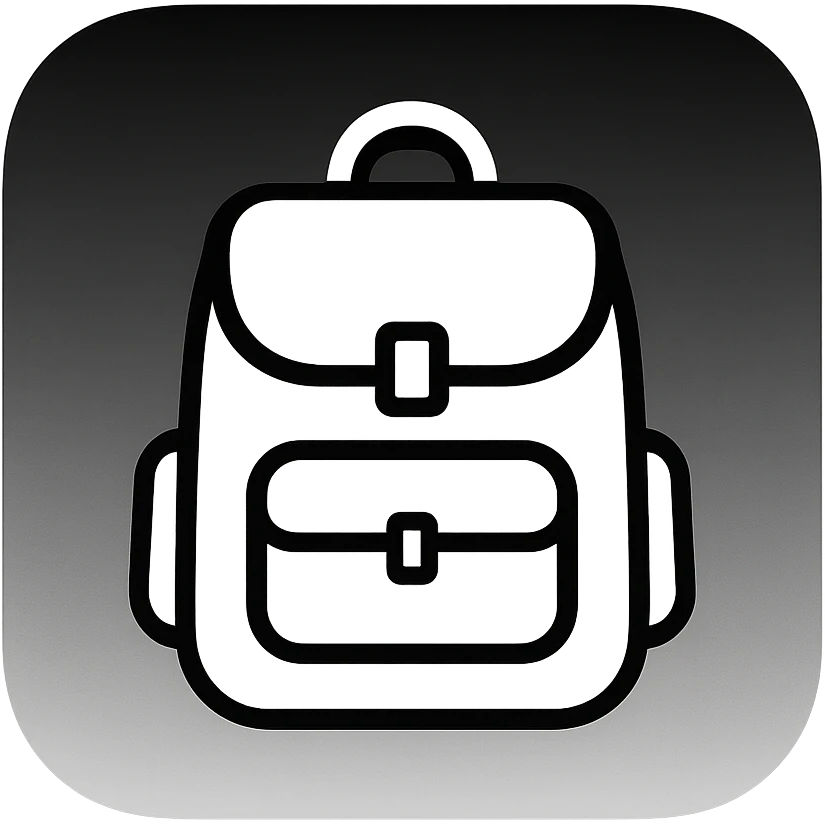 iOS app icon style for folder 'School': square with strongly rounded corners, black and white gradient background, symbol of a school backpack in the center, modern look, no color emoji