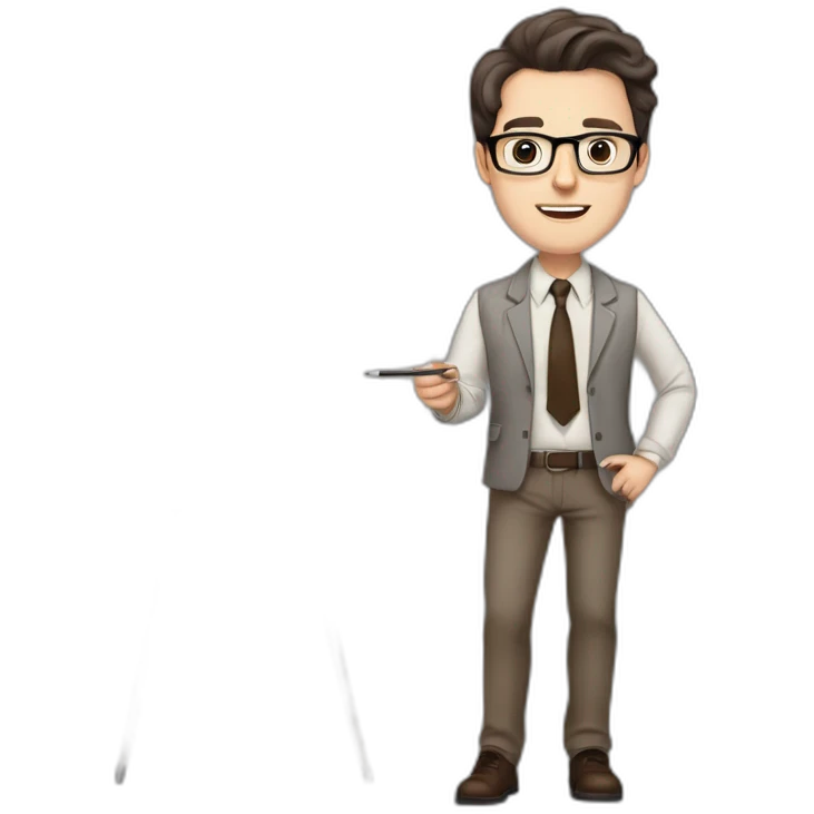 Pale skinned fit man with dark brown hair in gray jacket, beige office shirt, brown tie, brown pants and vintage glasses Writing text on the flipchart emoji
