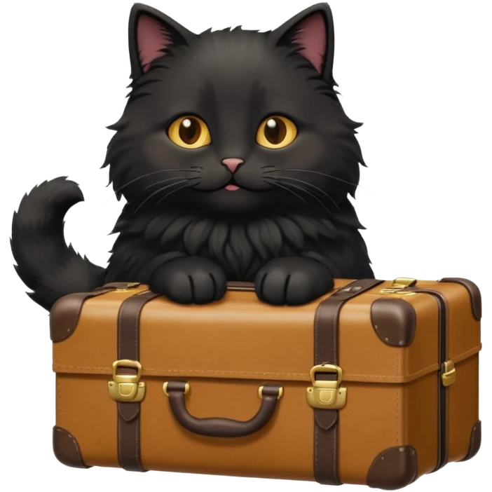Black fluffy cat carrying suitcase in sunny place emoji