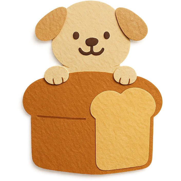 fluffy bread maker dog peeking from a bread loaf, cheerful, warm beige, full-body emoji